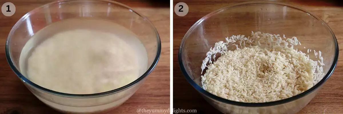 collage image of 2 steps showing soaking rice to make hyderabadi chicken dum biryani recipe.