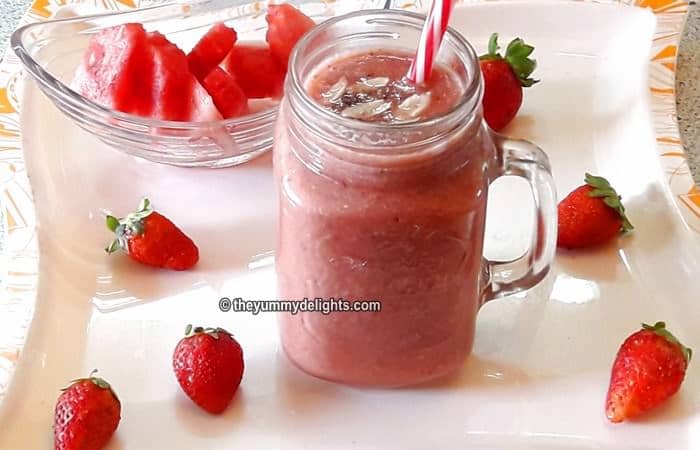 Easy to make watermelon and strawberry smoothie with step by step pictures