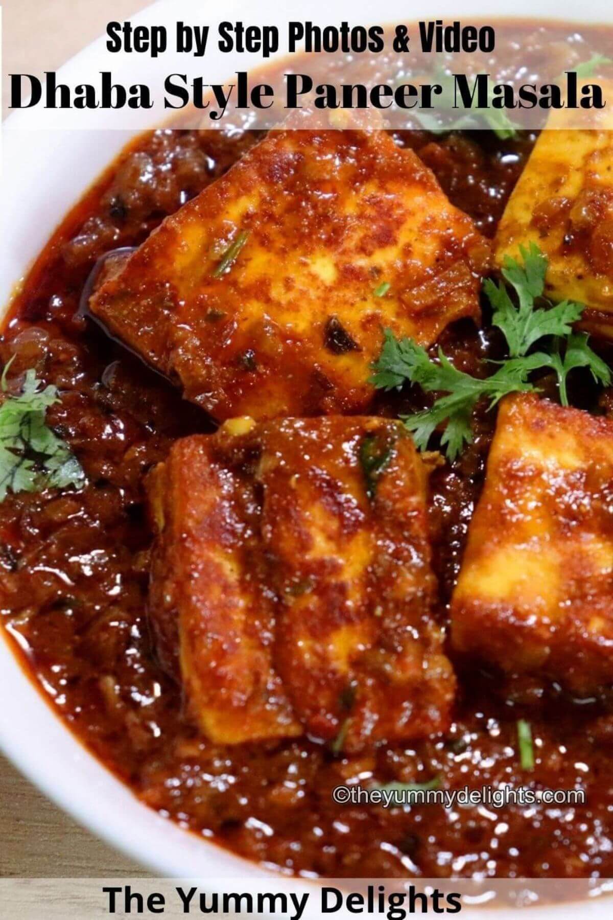 close-up of paneer masala dhaba style in a white bowl.