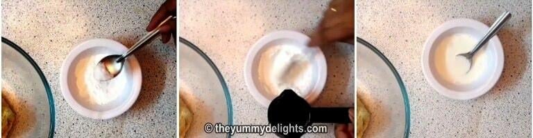 preparing corn flour batter for potato nuggets recipe.
