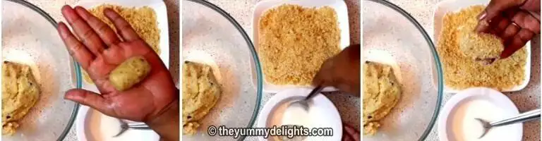 shape potato nuggets, dip it in corn flour batter and coat it with bread crumbs.