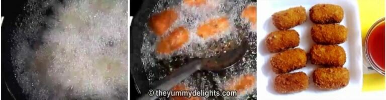 frying the nuggets in oil for making potato nuggets.