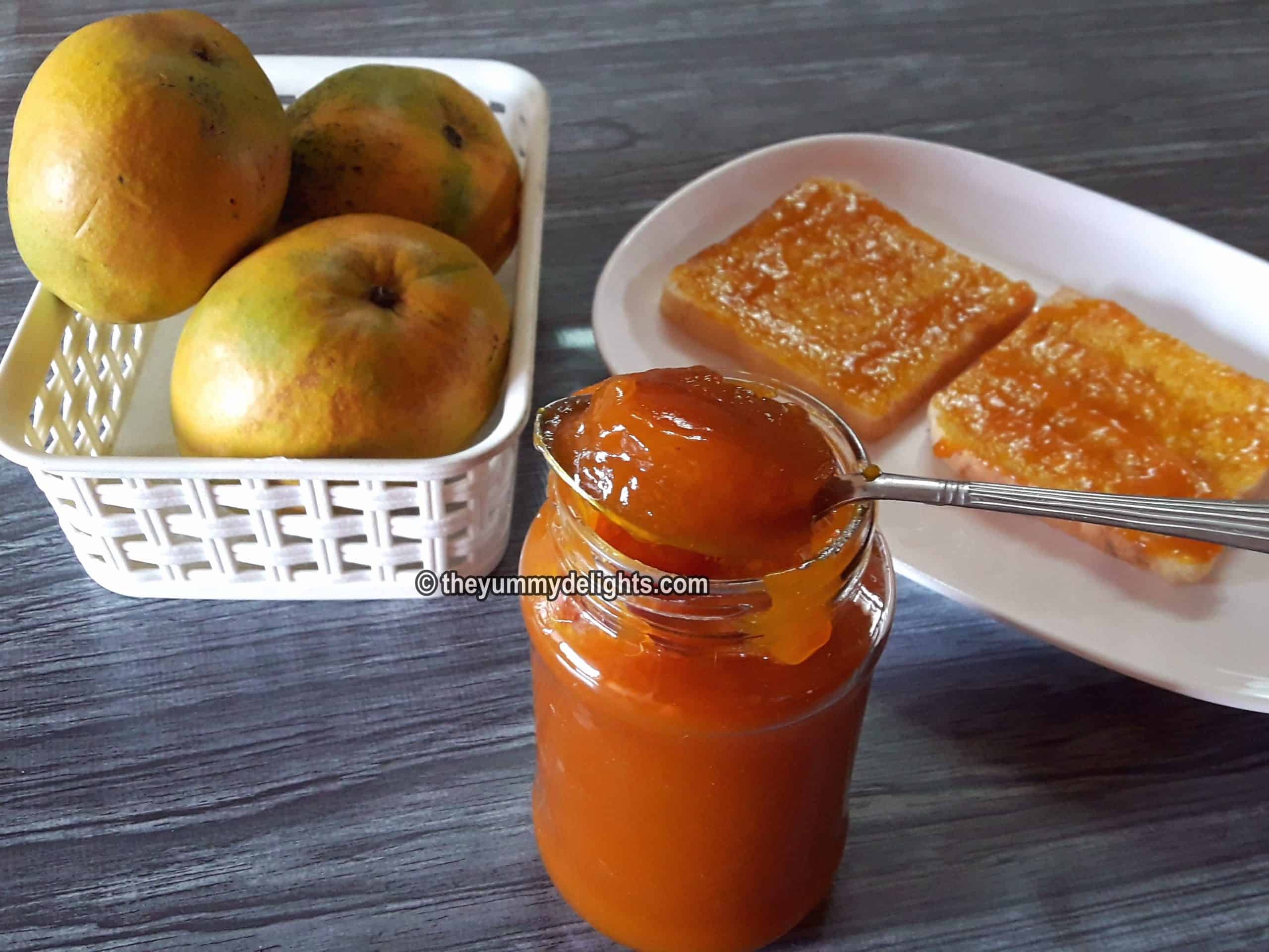 Mango jam recipe made with only 3 ingredients. Mango pulp, sugar and lemon juice.