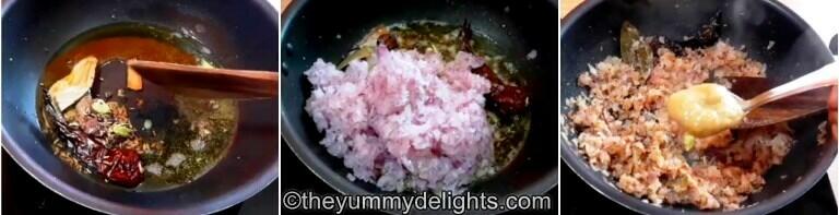 collage image of 3 steps showing addition of whole spices, onion & ginger garlic paste to make bhuna chicken.