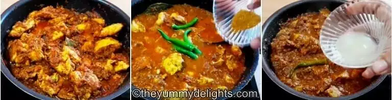 collage image of 2 steps showing making chicken bhuna masala curry. It shows addition of water, green chilies & chicken masala powder to make bhuna chicken masala.