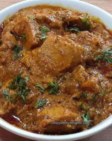 dahi chicken served in white bowl (close-up shot)