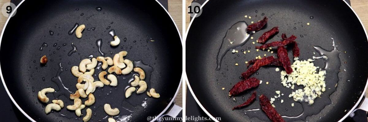 Collage image of 2 steps showing toasting the cashews and stir frying garlic and red chilies.