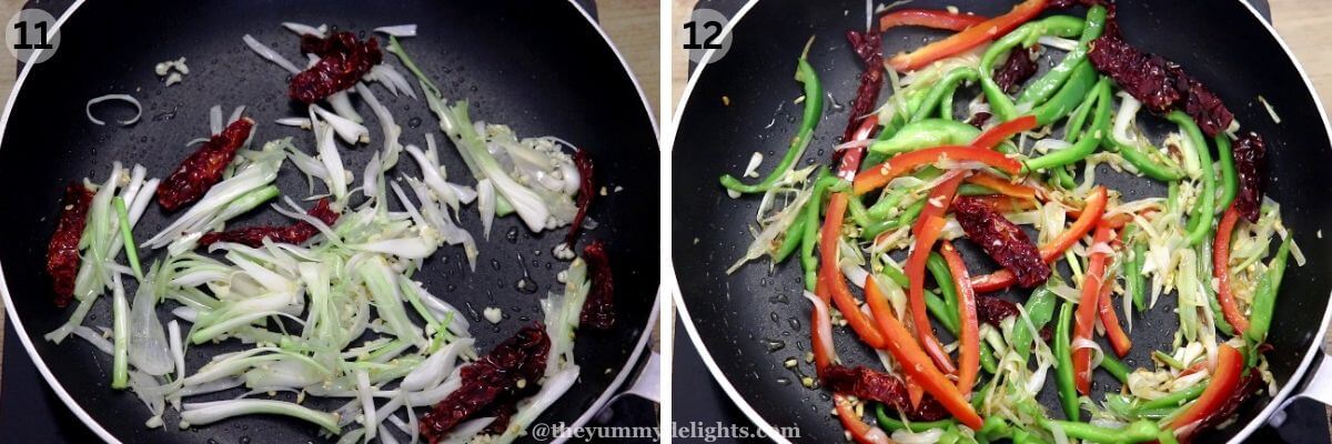 Collage image of 2 steps showing stir frying the onions and bell peppers to make dragon chicken recipe.