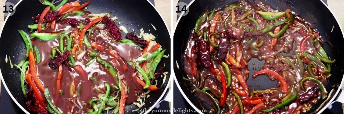 Collage image of 2 steps showing addition of dragon sauce and cooking it until it thickens to make spicy Indo-Chinese chicken starter recipe. 
