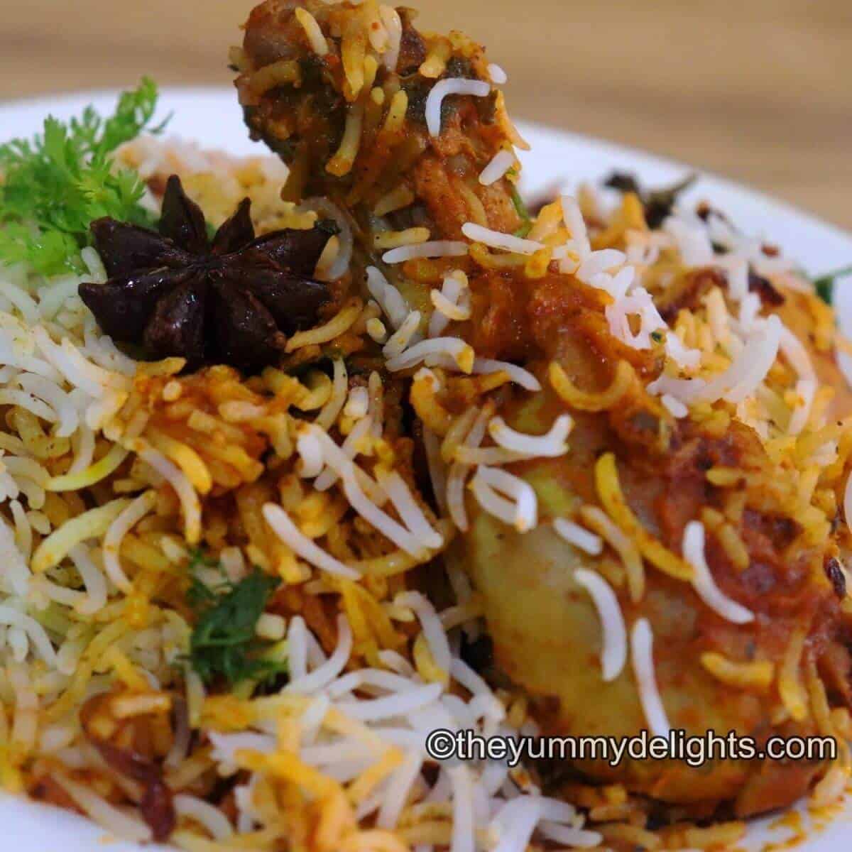 butter chicken biryani served in a white plate. Garnished with a star anise & coriander leaves,
