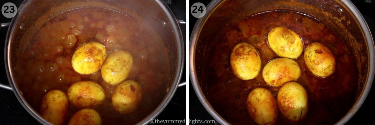collage image of 2 steps showing addition of boiled egg to the onion-tomato masala and simmering it to make egg masala.