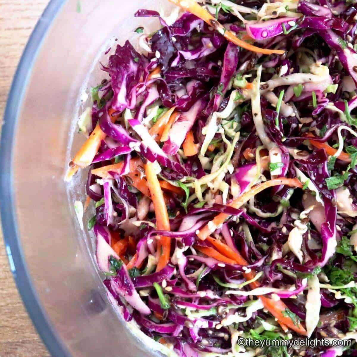 Greek yogurt coleslaw recipe in a mixing bowl. Side view of the coleslaw bowl with colorful vegetables.