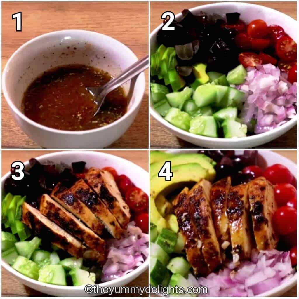 Step by step image collage of making grilled chicken salad.