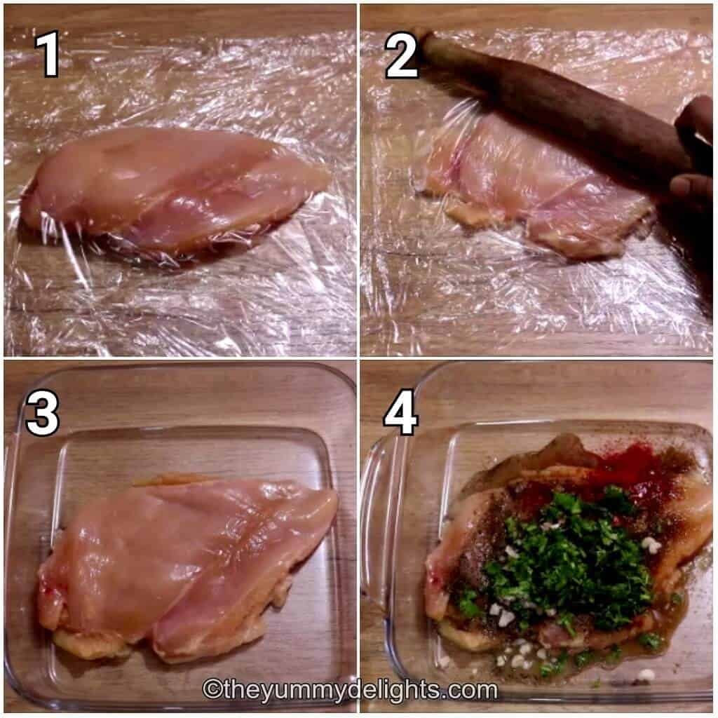 Collage image of 4 steps showing how to make cilantro lime chicken breasts. It shows pounding the chicken breast and marinating it.