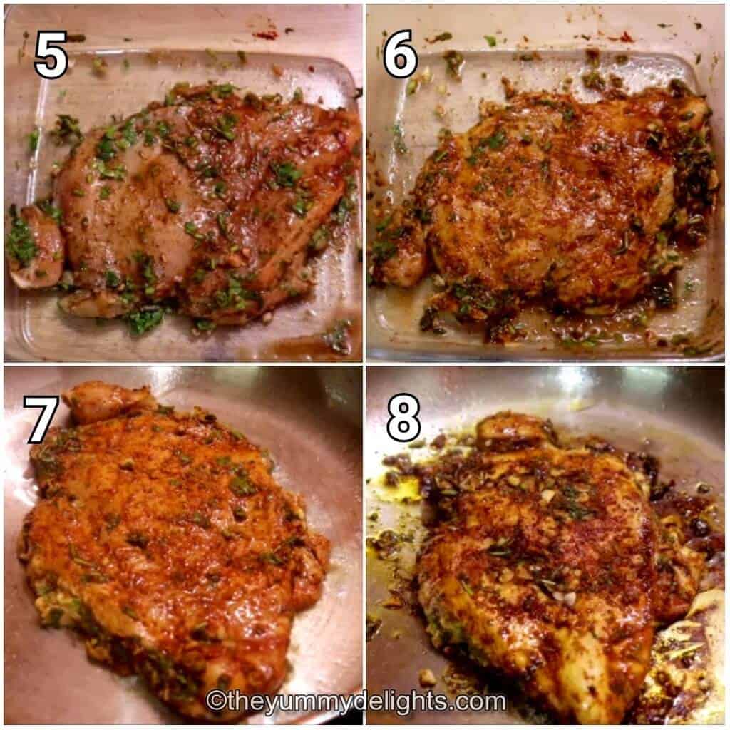 Collage image of 4 steps showing how to make cilantro lime chicken breast. It shows pan-frying the chicken breast.