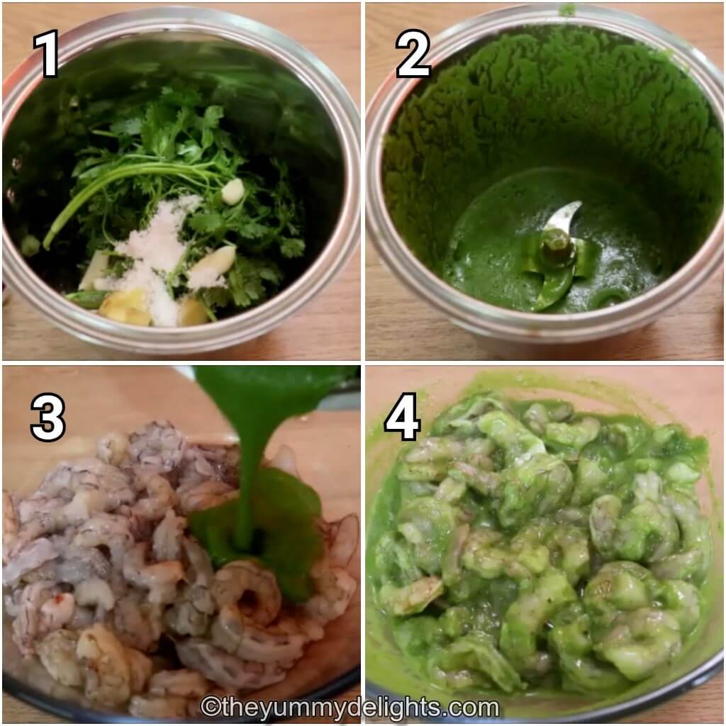 collage image of 4 steps showing how to make prawn curry. It shows making green masala and marinating prawns with masala.