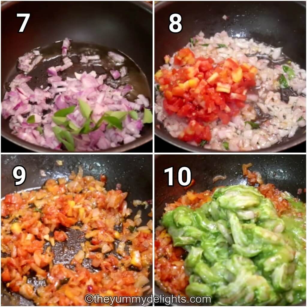 collage image of 4 steps showing how to make prawn curry. It shows sauteing onions, tomato and addition of marinated prawns.