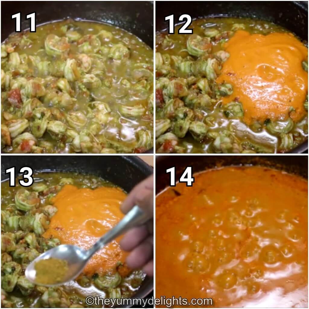 collage image of 4 steps showing how to make prawn curry. It shows addition of coconut masala to the curry.