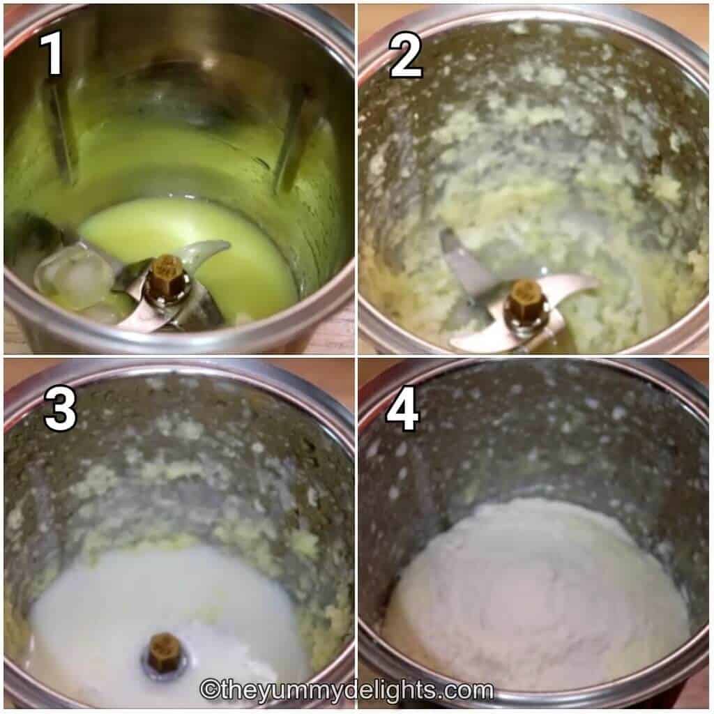 step by step image collage of preparing the batter for making Ghevar. It shows blending ghee, ice and flour.