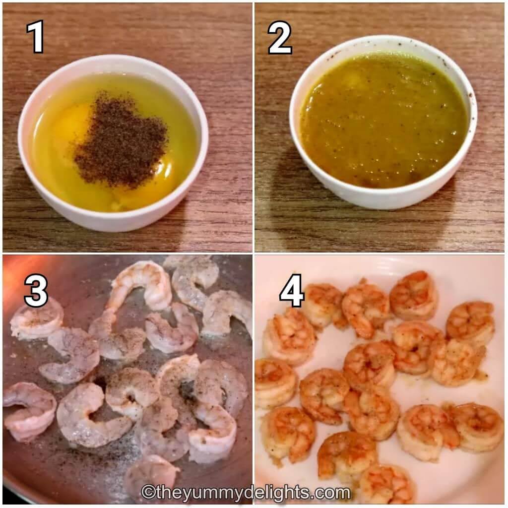 collage image of 4 steps showing how to make prawn fried rice. It shows making egg mixture and cooking prawns.