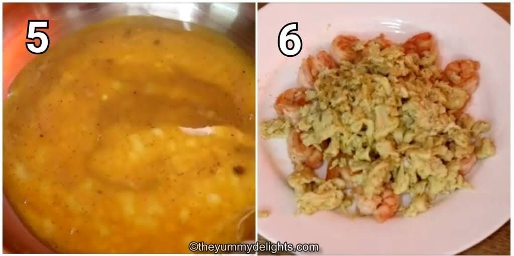 collage image of 2 steps showing making scrambled eggs to make shrimp fried rice.