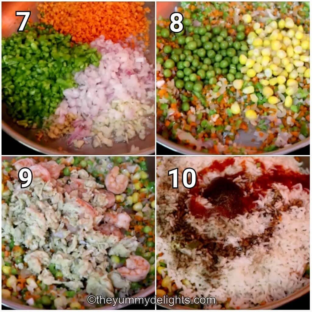 collage image of 4 steps showing addition of vegetables and sauces to make prawn fried rice.