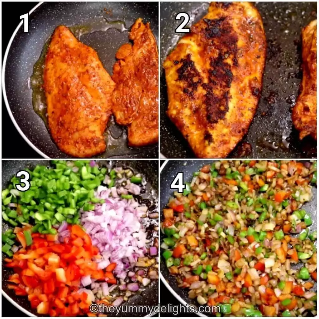 step by step image collage of pan-searing the chicken. Sauteing the onion and bell peppers to make Mexican rice recipe.