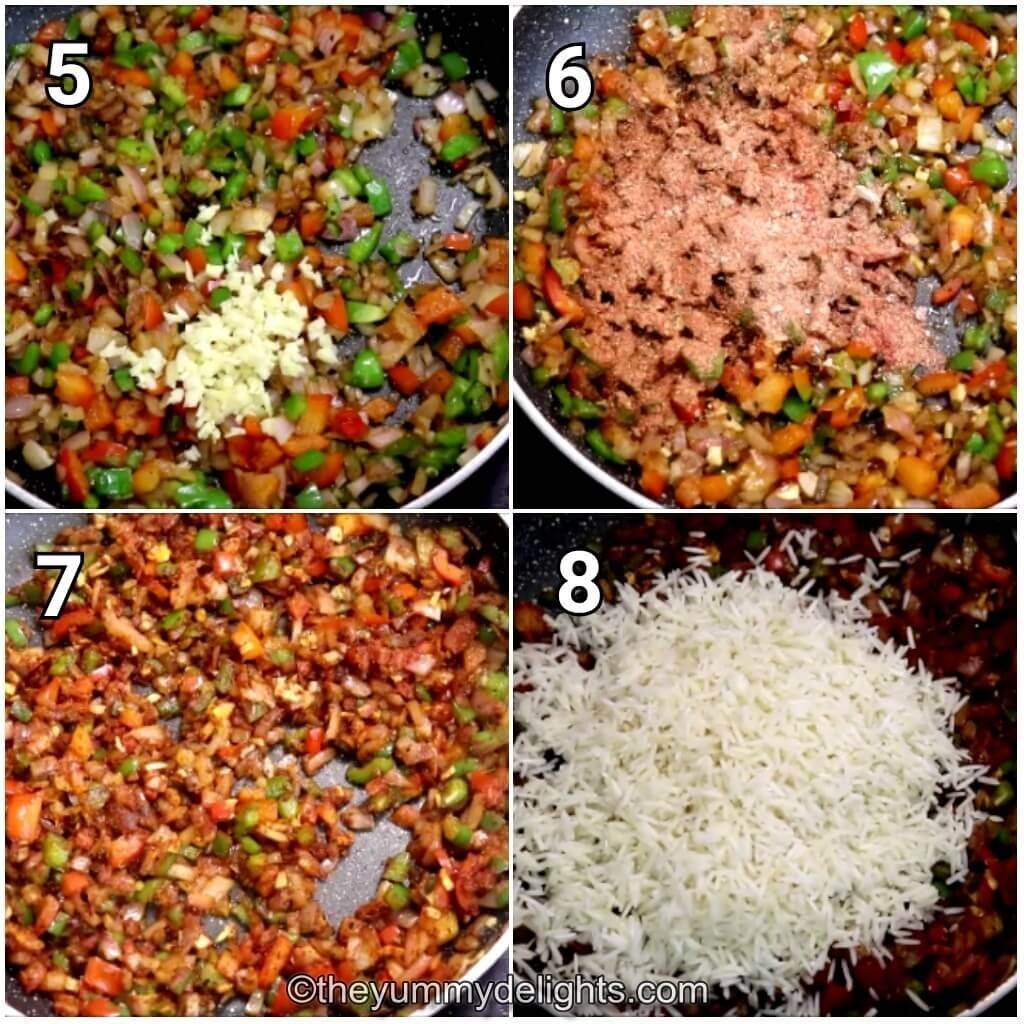 step by step image collage of addition of garlic, fajita seasoning and rice to the skillet.