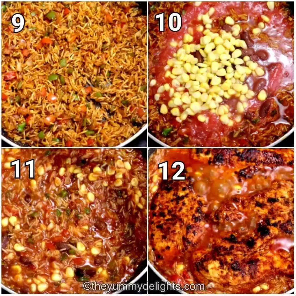 step by step image collage of addition of tomatoes, corn, beans and water to cook Mexican chicken rice.