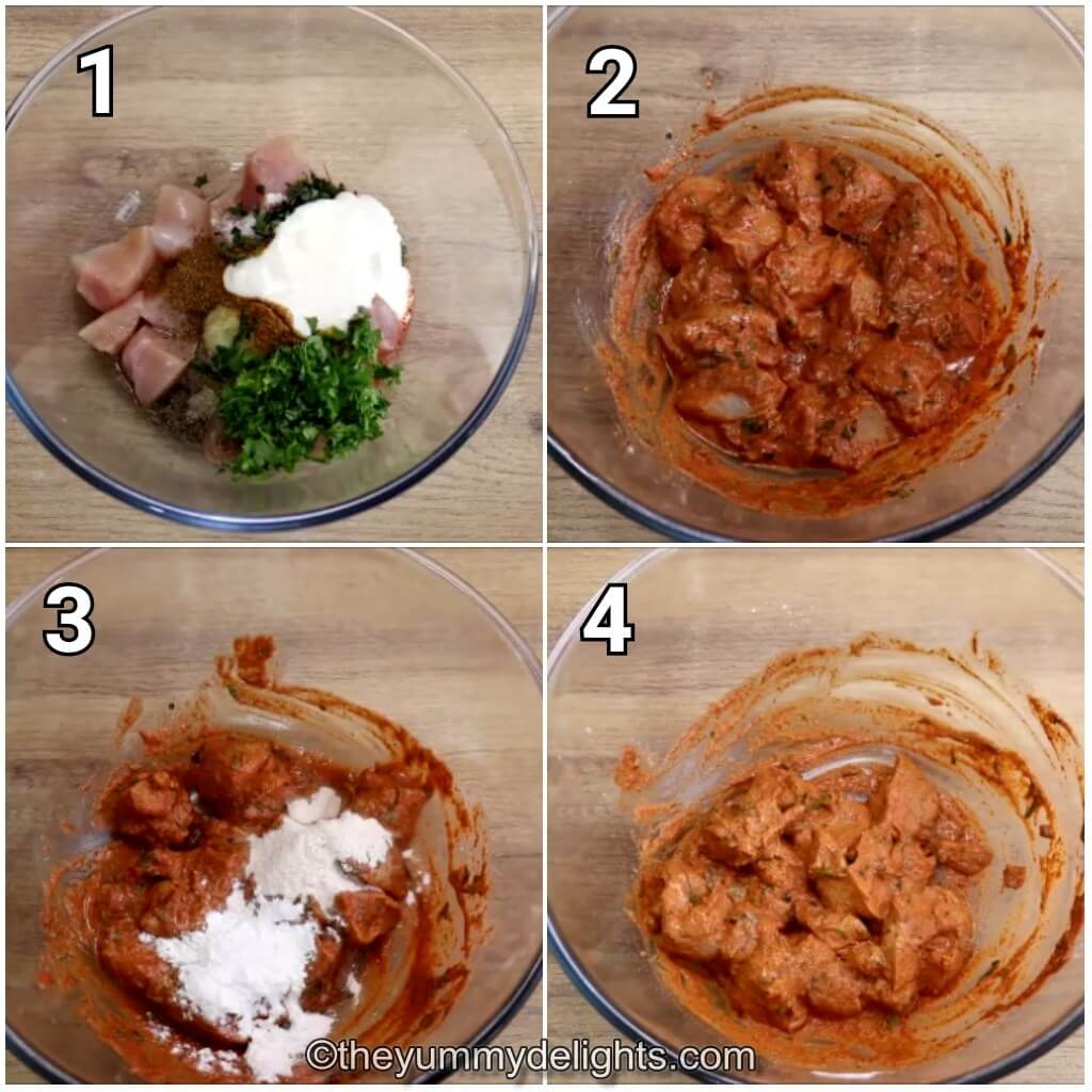 collage image of 4 steps showing marinating the chicken to make chicken 65 recipe.