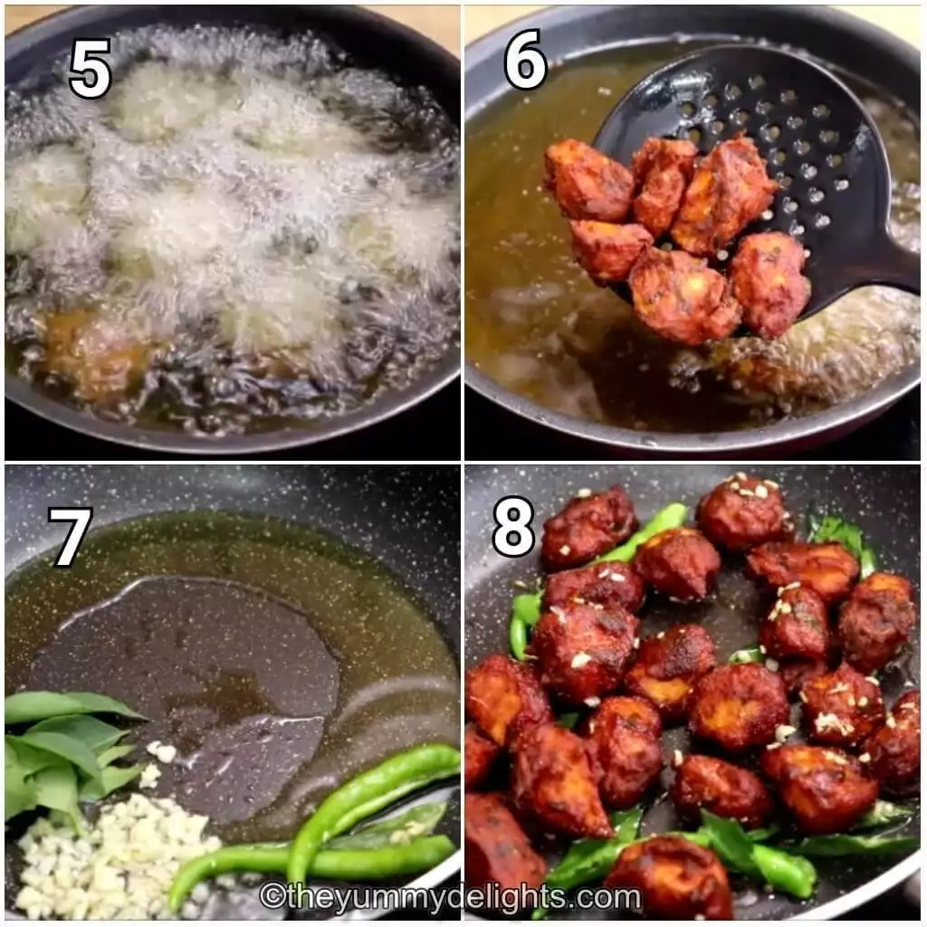 Collage image of 4 steps showing deep frying chicken 65.