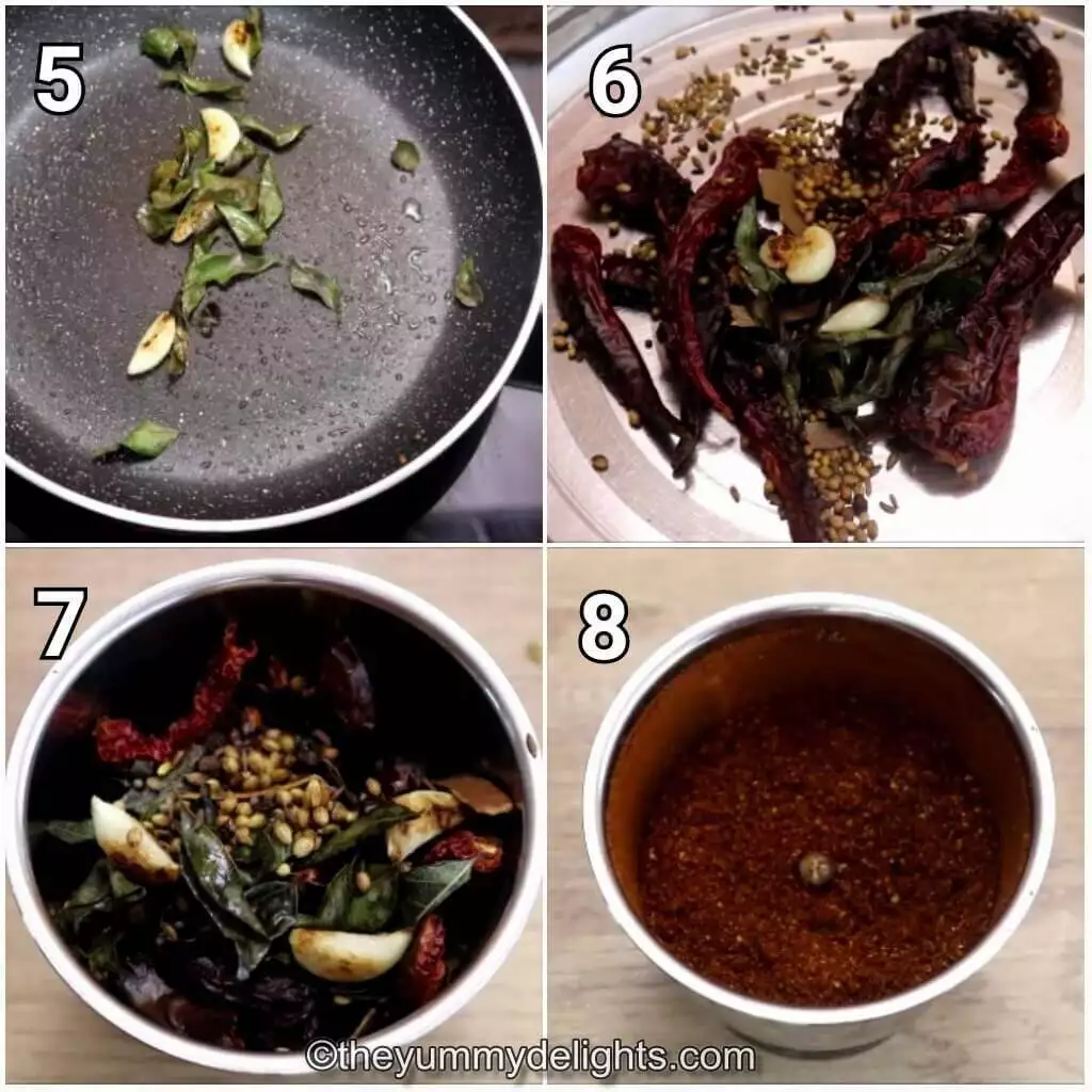 step by step image collage of roasting garlic and curry leaves. Grinding all the roasted ingredients to make sukka masala powder.