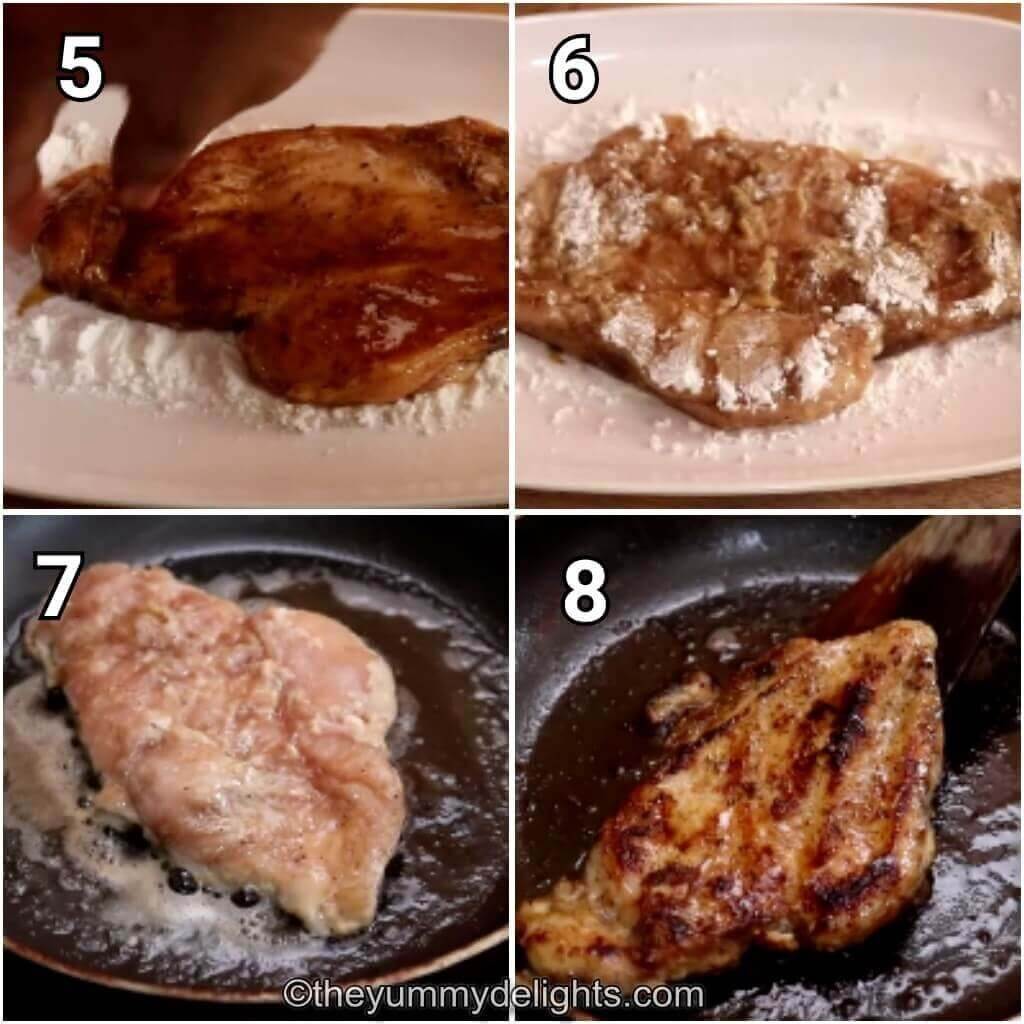 Collage image of 4 steps showing how to make lemon garlic chicken breast on stovetop. It shows coating the chicken breast in flour and pan frying it.
