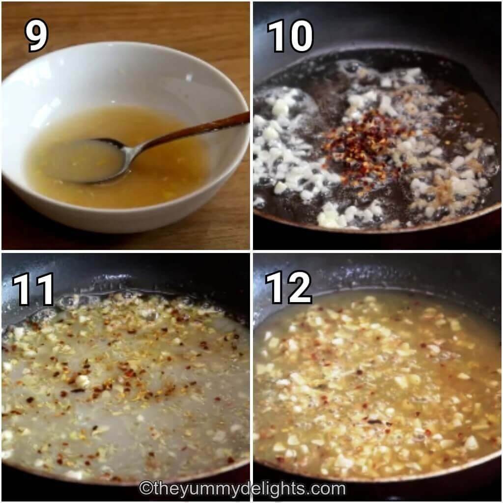 Collage image of 4 steps showing making the lemon garlic sauce. It shows stir frying the ginger, garlic and red pepper flakes. It also shows addition of sauce and cooking it.