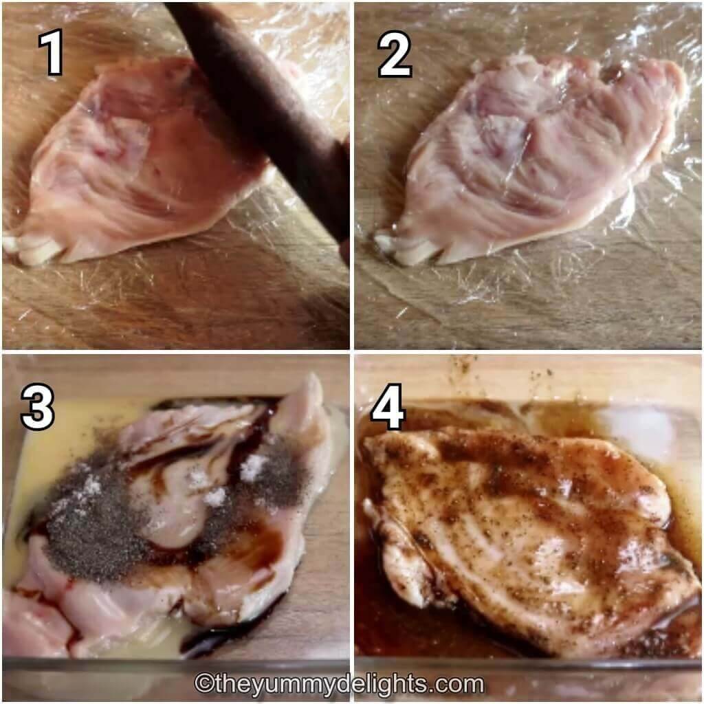 Collage image of 4 steps showing how to make lemon garlic chicken breast. It shows marinating the chicken.