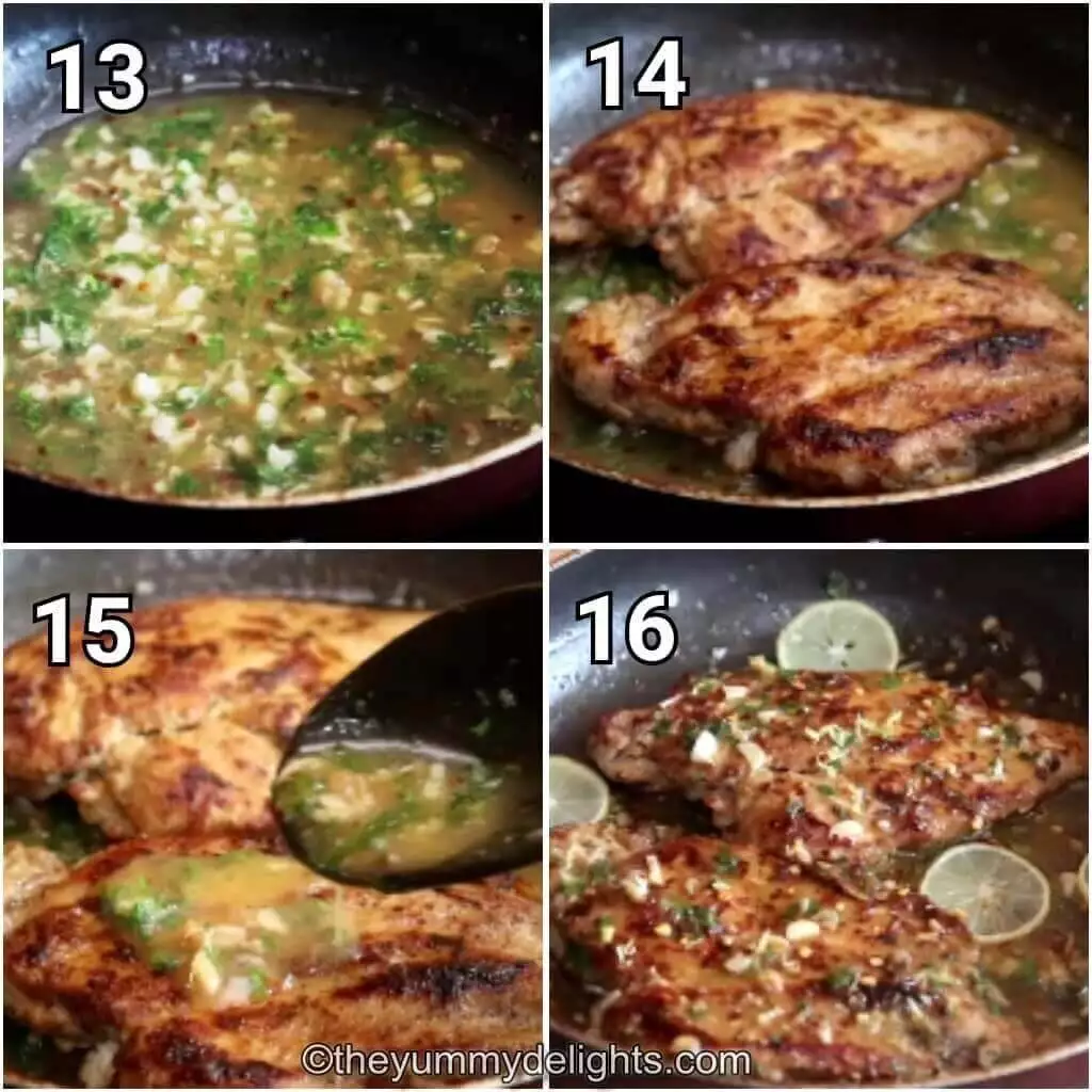 Collage image of 4 steps showing simmering the chicken breast in lemon garlic sauce.