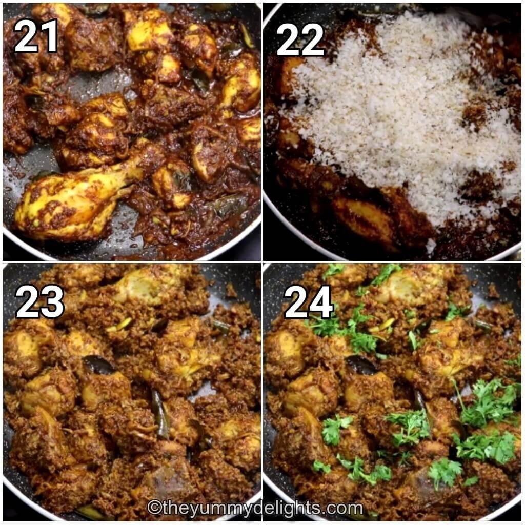 step by step image collage of addition of coocnut and coriander leaves to make mangalorean style chicken sukka recipe.