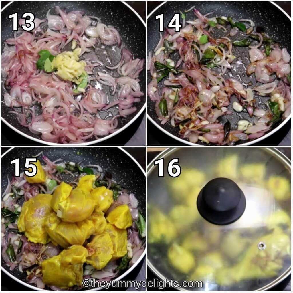 image collage of addition of chicken to the pan.