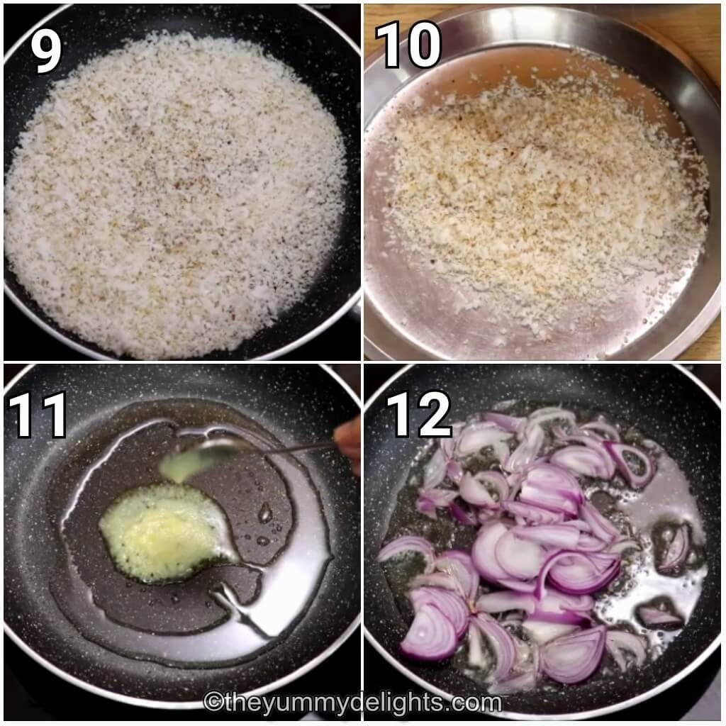 step by step image collage of roasting the coconut and sauteing the onions.