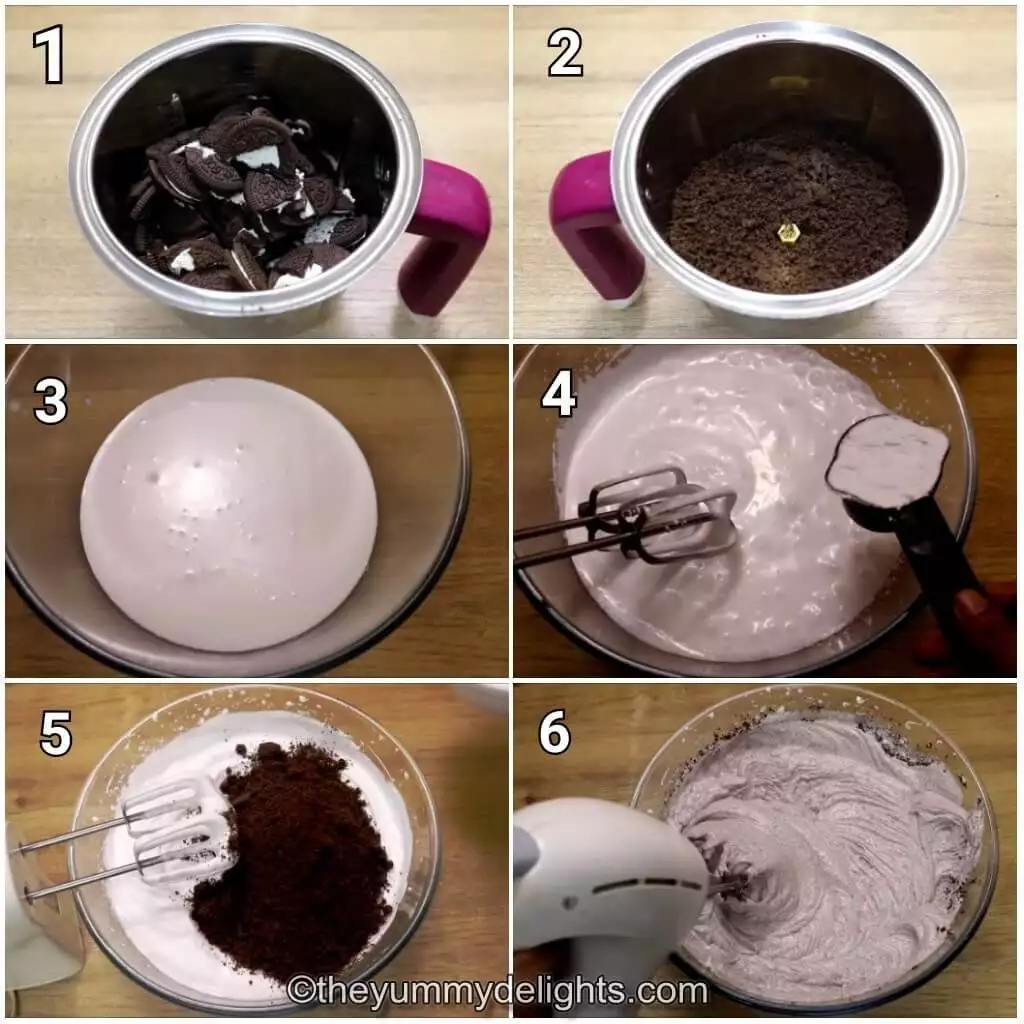 collage image of 6 steps showing preparing oreo whipped cream icing with oreo crumbs.