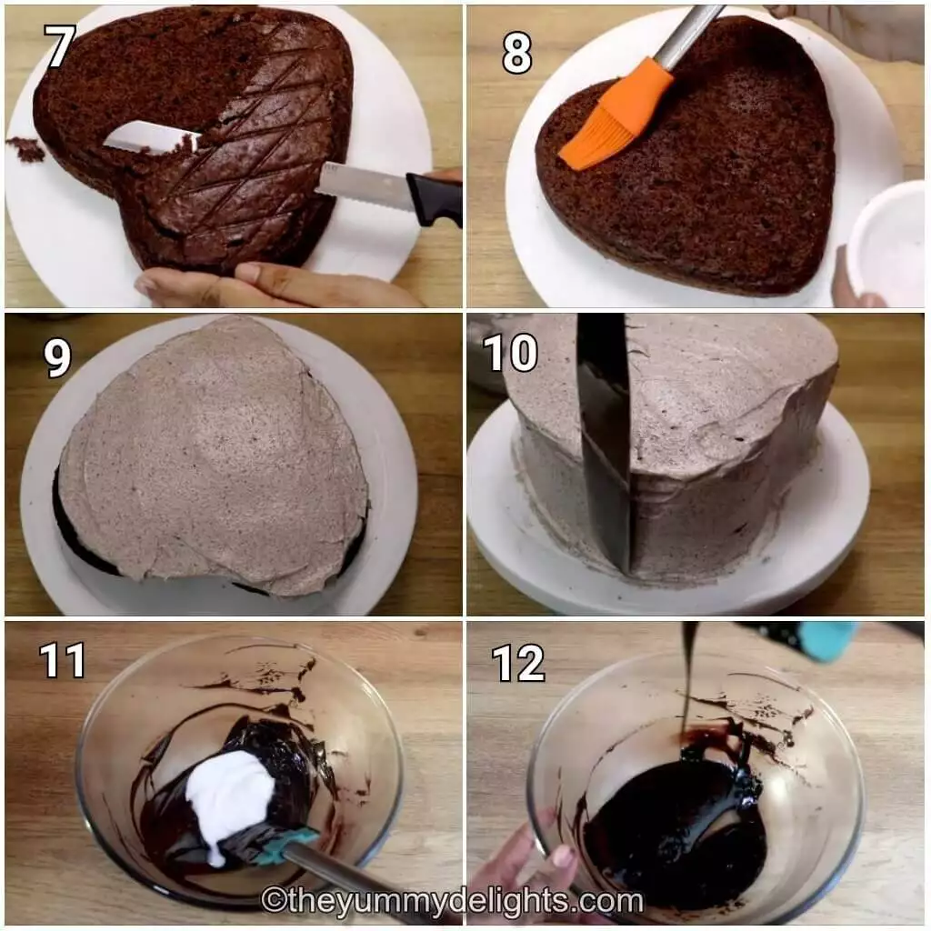 image collage of 6 steps showing frosting the cake with oreo cream icing.