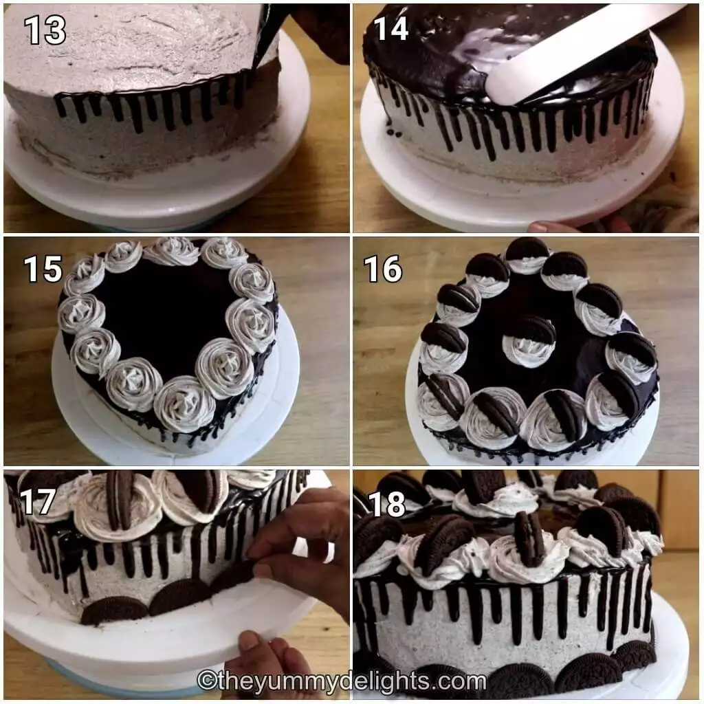 image collage of 6 steps showing decorating the oreo cake.