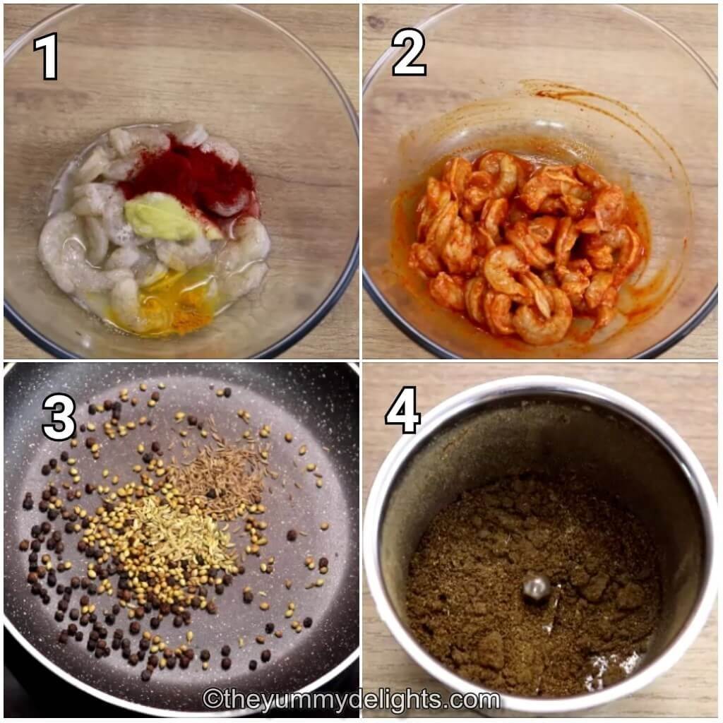 Collage image of 4 steps showing how to make prawn pepper fry. It shows marinating the prawns and making pepper masala.