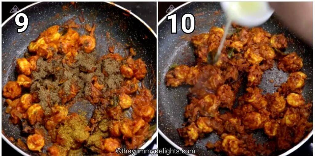 Collage image of 4 steps showing making of shrimp pepper fry. It shows the addition of pepper masala and lemon juice.