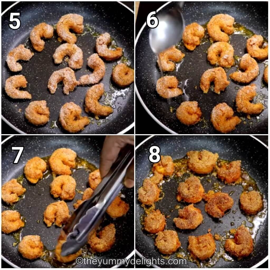 step by step image collage of frying the prawns on the pan until crisp.