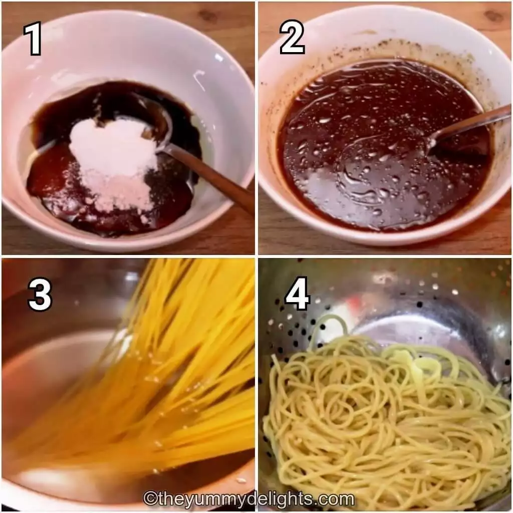 image collage of preparing the sauce and cooking noodles.