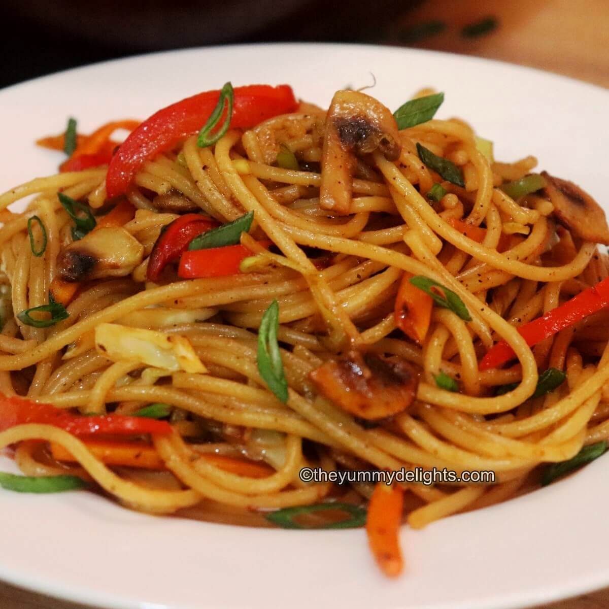 vegetable lo mein served on a white plate garnished with spring onion greens.