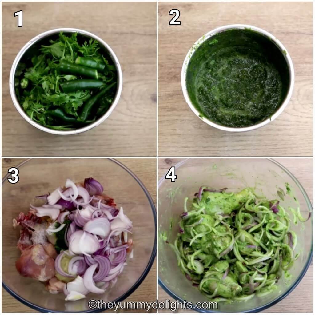 collage of 4 images showing how to make green chili chicken. It shows making green chili paste and marinating the chicken.