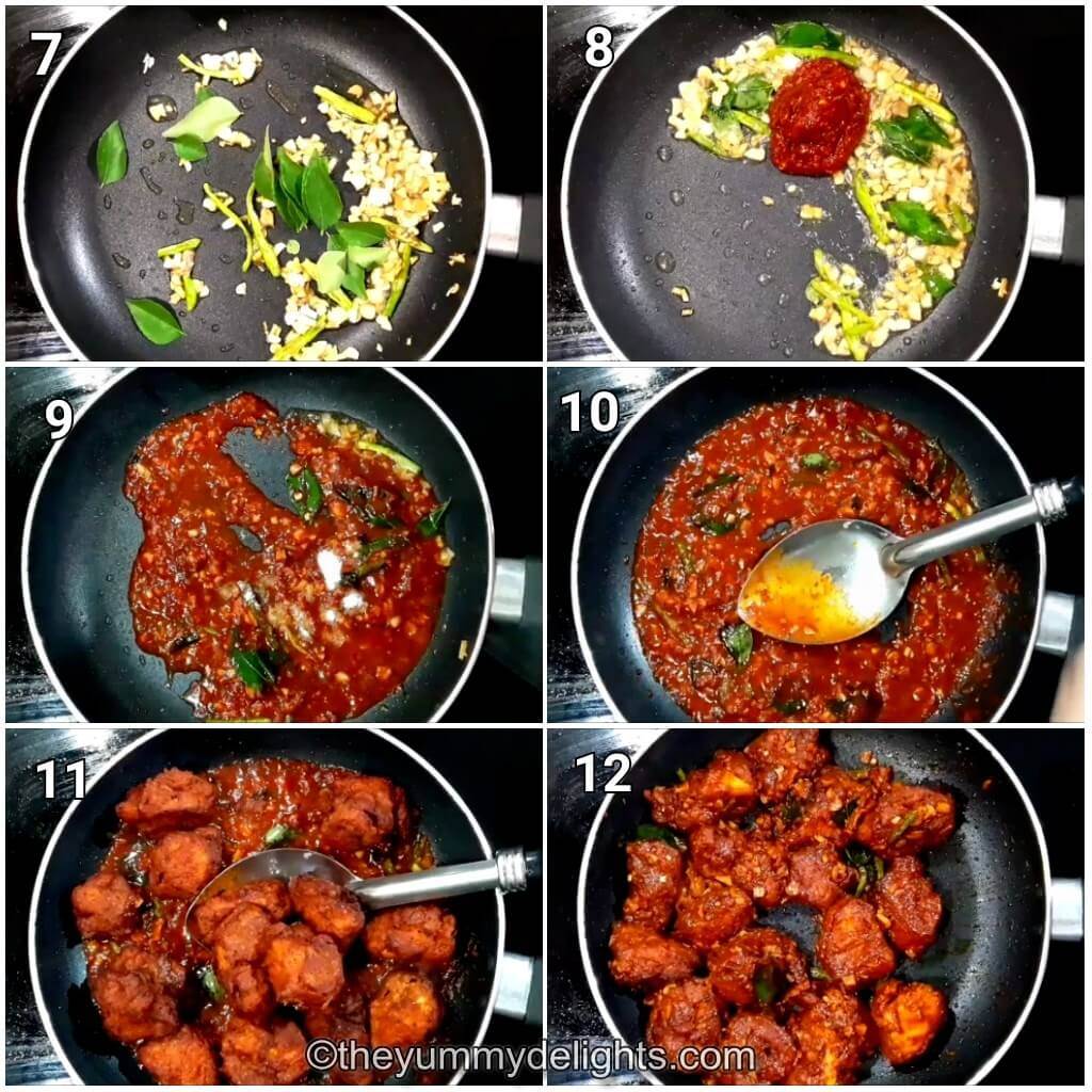 collage image of 6 steps showing how to make south indian chicken 65 recipe.