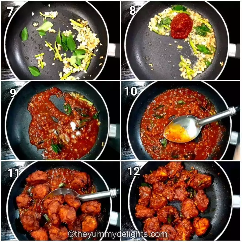 collage image of 6 steps showing how to make south indian chicken 65 recipe.